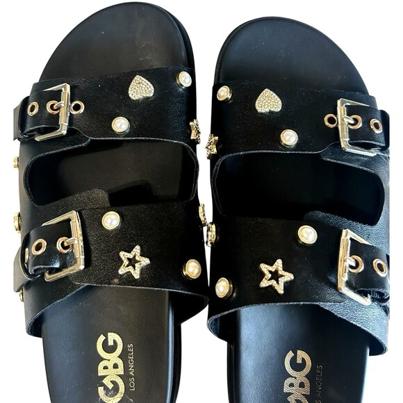 GBG GG Juliana T  Rhinestone Pearl Double Strap Black Platform Slide Sandals 8M - Picture 11 of 14